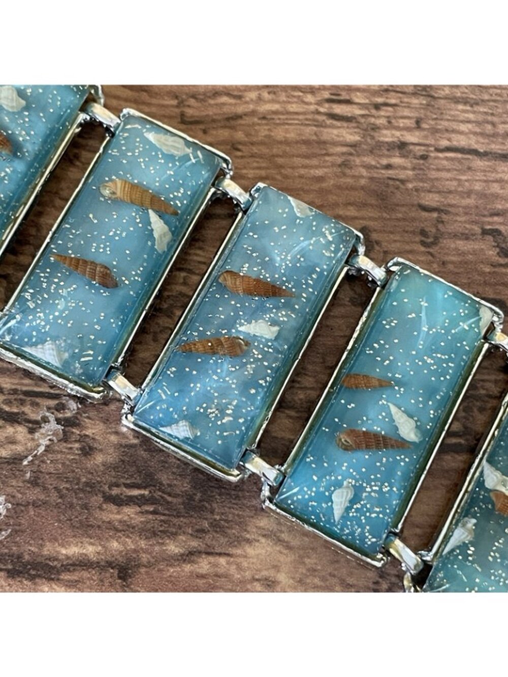 Vintage 1950s Panel Bracelet Blue Confetti Lucite Seashells Silver Tone Wide - Picture 3 of 16